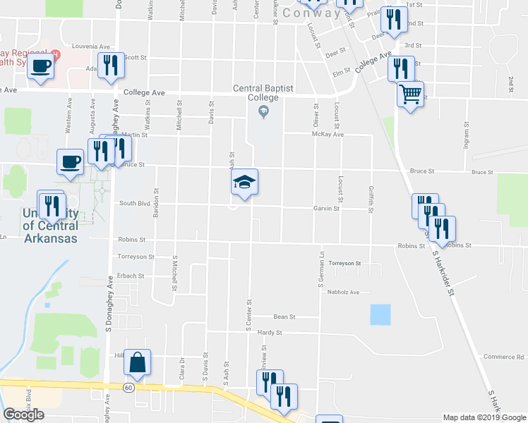 map of restaurants, bars, coffee shops, grocery stores, and more near 1521 South Boulevard in Conway