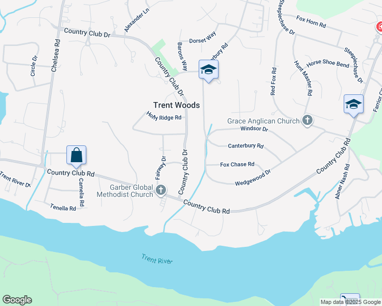 map of restaurants, bars, coffee shops, grocery stores, and more near 304 Country Club Drive in Trent Woods
