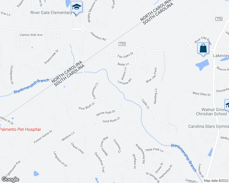 map of restaurants, bars, coffee shops, grocery stores, and more near 303 Lorraine Road in Fort Mill
