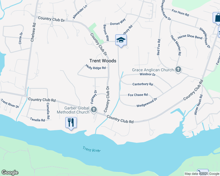 map of restaurants, bars, coffee shops, grocery stores, and more near 304 Country Club Drive in Trent Woods