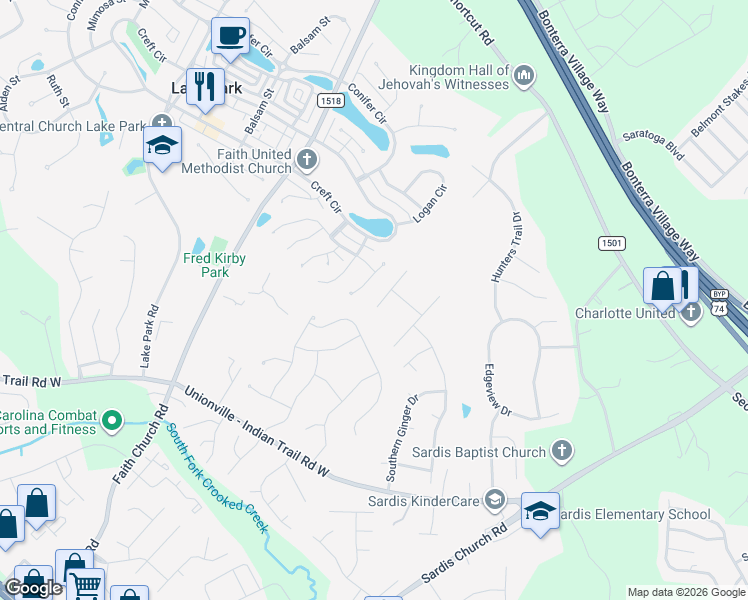 map of restaurants, bars, coffee shops, grocery stores, and more near 3806 Nuthatch Drive in Indian Trail