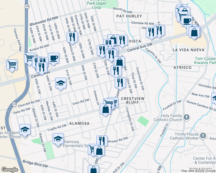 map of restaurants, bars, coffee shops, grocery stores, and more near 303 55th Street Southwest in Albuquerque