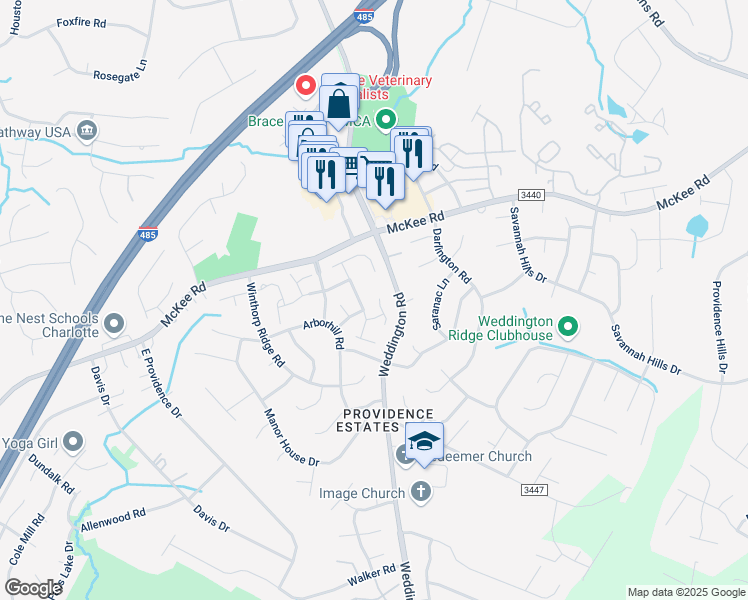 map of restaurants, bars, coffee shops, grocery stores, and more near 2112 Kaybird Lane in Charlotte