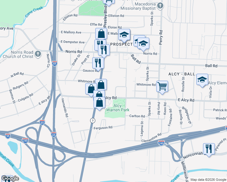 map of restaurants, bars, coffee shops, grocery stores, and more near 1393 Ralston Road in Memphis