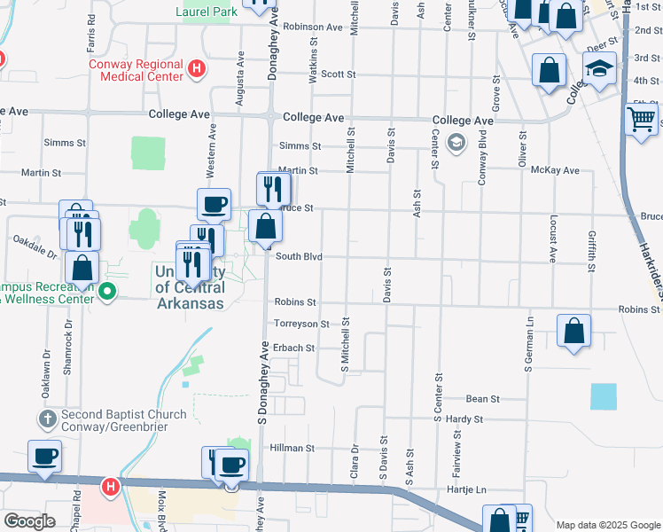 map of restaurants, bars, coffee shops, grocery stores, and more near 1915 South Boulevard in Conway