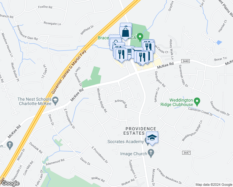 map of restaurants, bars, coffee shops, grocery stores, and more near 3232 Mannington Drive in Charlotte