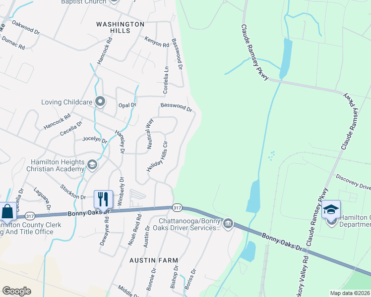 map of restaurants, bars, coffee shops, grocery stores, and more near 7730 Basswood Dr in Chattanooga