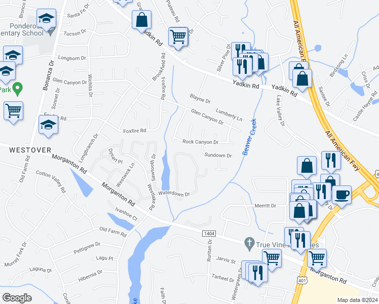 map of restaurants, bars, coffee shops, grocery stores, and more near 259 Waterdown Drive in Fayetteville