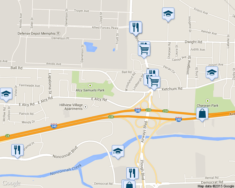 map of restaurants, bars, coffee shops, grocery stores, and more near 2201 Ketchum Road in Memphis