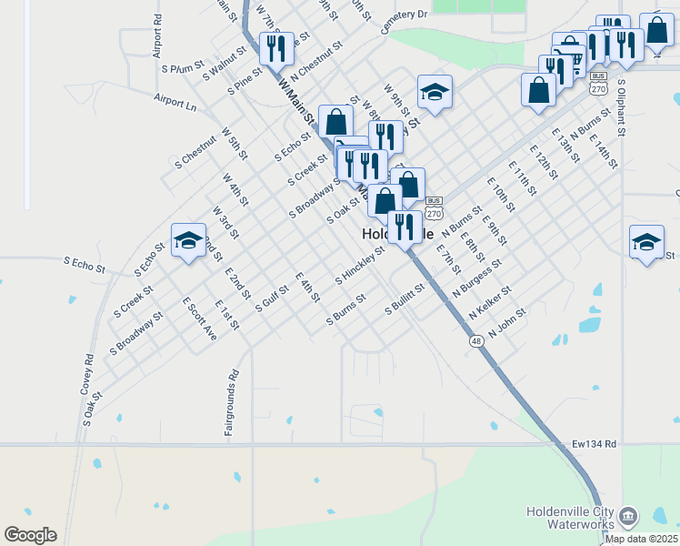 map of restaurants, bars, coffee shops, grocery stores, and more near 217 South Hinckley Street in Holdenville