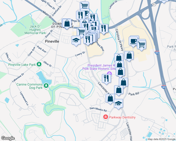 map of restaurants, bars, coffee shops, grocery stores, and more near 12504 Sabal Point Drive in Pineville