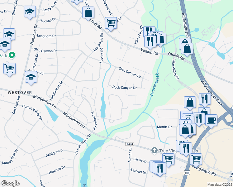 map of restaurants, bars, coffee shops, grocery stores, and more near 259 Waterdown Drive in Fayetteville