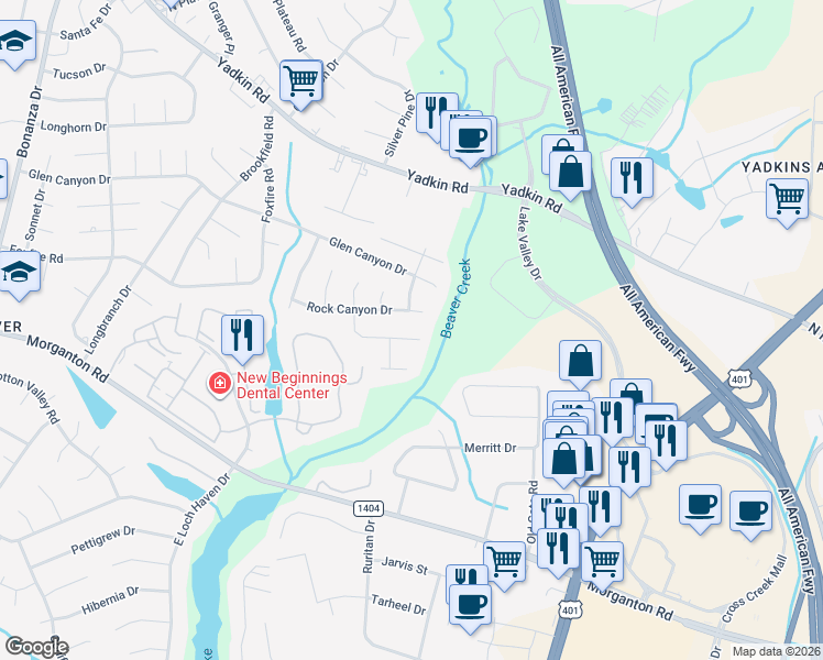 map of restaurants, bars, coffee shops, grocery stores, and more near 5204 Sundown Drive in Fayetteville
