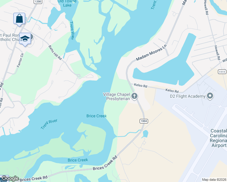 map of restaurants, bars, coffee shops, grocery stores, and more near 816 Madam Moores Lane in New Bern