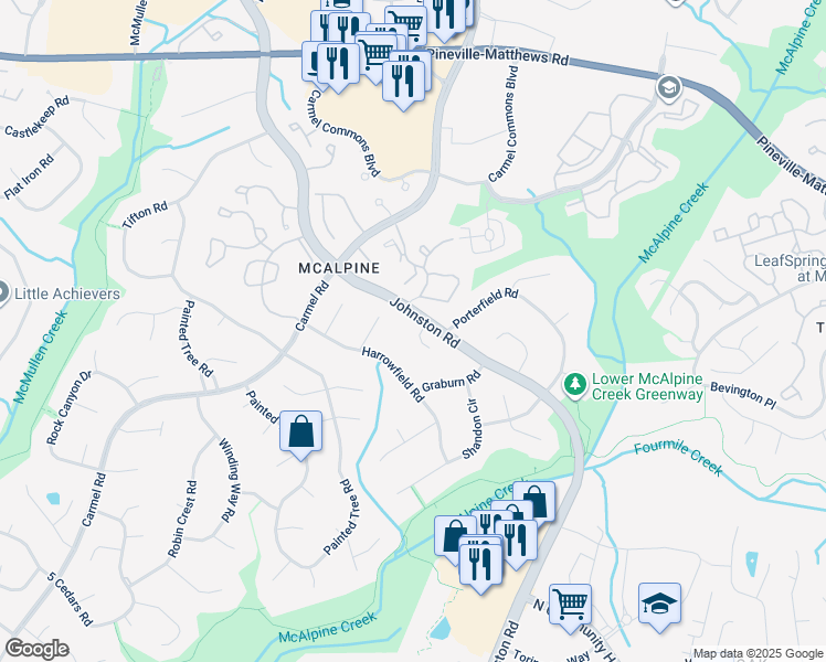 map of restaurants, bars, coffee shops, grocery stores, and more near 7004 Hildreth Court in Charlotte