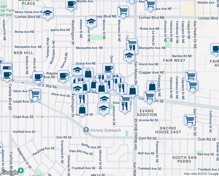 map of restaurants, bars, coffee shops, grocery stores, and more near 110 Quincy Street Northeast in Albuquerque