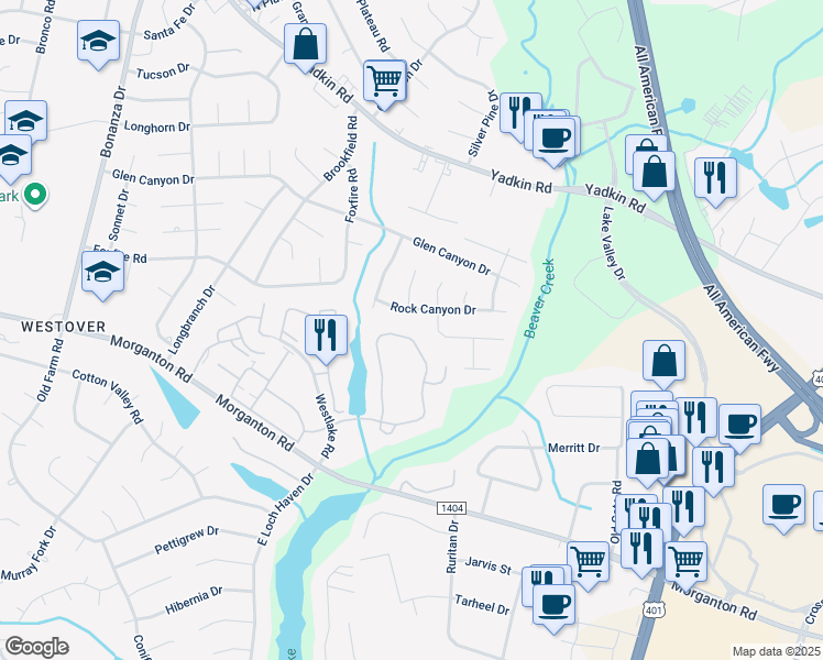 map of restaurants, bars, coffee shops, grocery stores, and more near 259 Waterdown Drive in Fayetteville