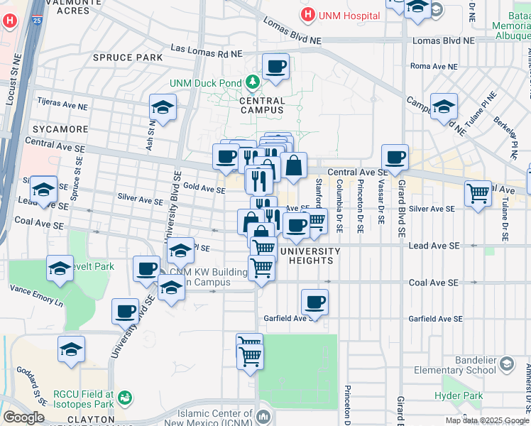 map of restaurants, bars, coffee shops, grocery stores, and more near 2210 Silver Avenue Southeast in Albuquerque