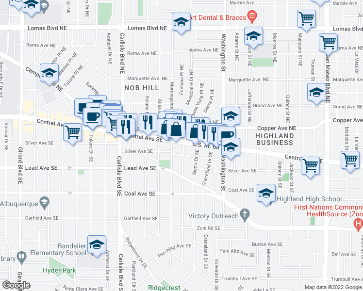 map of restaurants, bars, coffee shops, grocery stores, and more near 4020 Central Avenue Northeast in Albuquerque