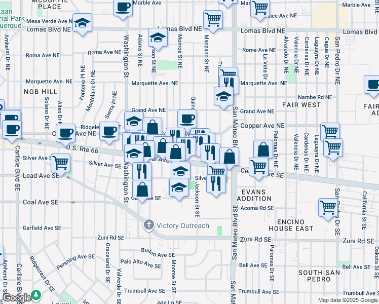 map of restaurants, bars, coffee shops, grocery stores, and more near 110 Quincy Street Northeast in Albuquerque