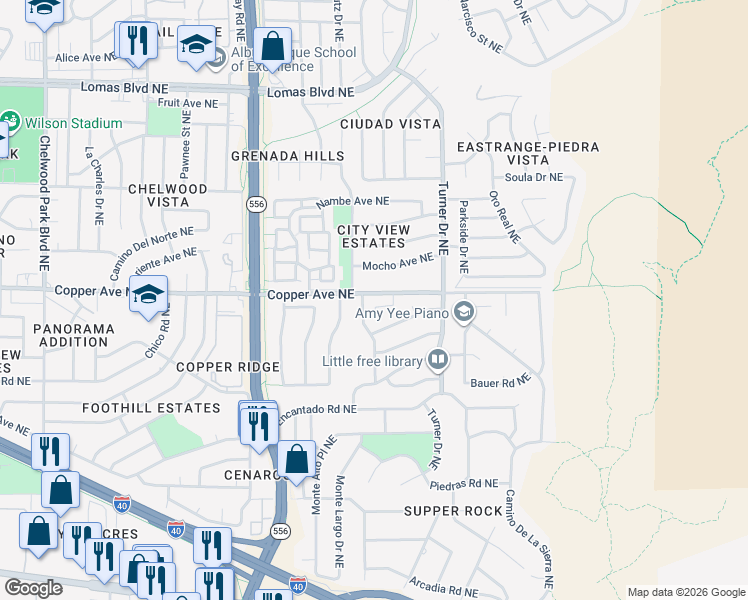 map of restaurants, bars, coffee shops, grocery stores, and more near 768 Jewel Place Northeast in Albuquerque