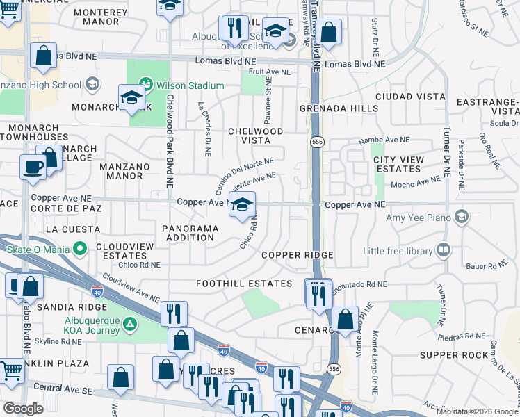 map of restaurants, bars, coffee shops, grocery stores, and more near 13420 Turquoise Avenue Northeast in Albuquerque