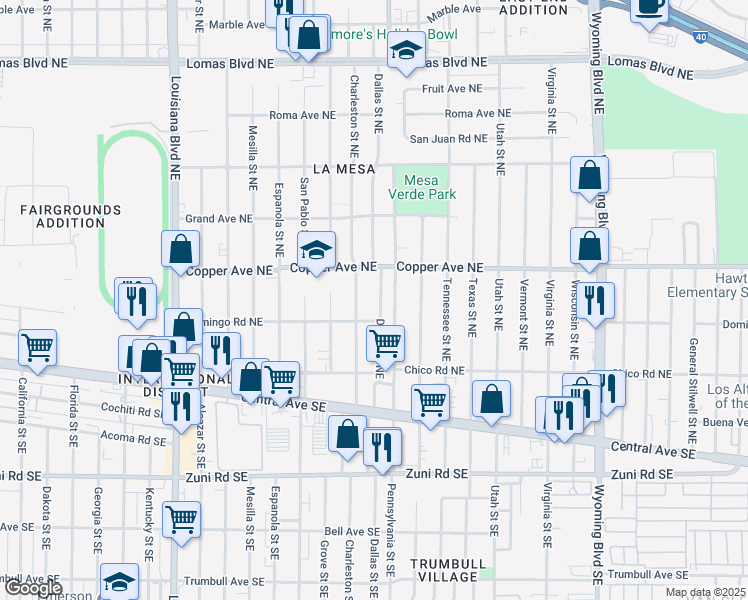 map of restaurants, bars, coffee shops, grocery stores, and more near 321 Dallas Street Northeast in Albuquerque