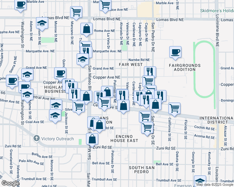 map of restaurants, bars, coffee shops, grocery stores, and more near 206 Palomas Drive Northeast in Albuquerque