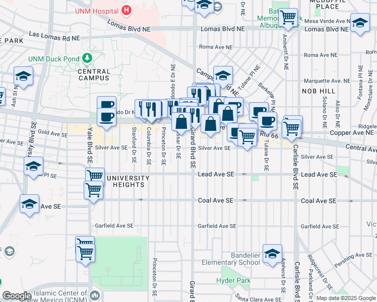 map of restaurants, bars, coffee shops, grocery stores, and more near 2810 Silver Avenue Southeast in Albuquerque
