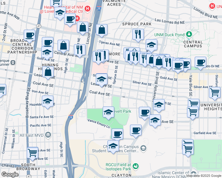 map of restaurants, bars, coffee shops, grocery stores, and more near 1212 Lead Avenue Southeast in Albuquerque