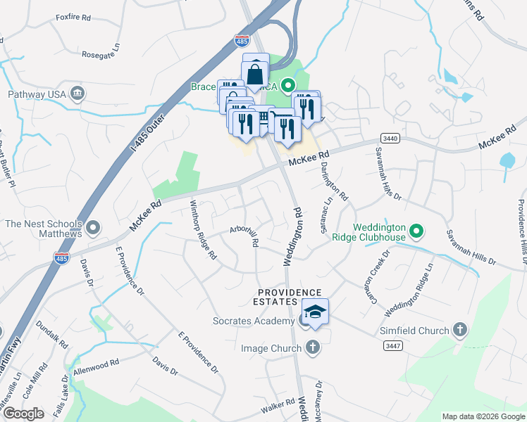 map of restaurants, bars, coffee shops, grocery stores, and more near 2011 Chinabrook Court in Charlotte