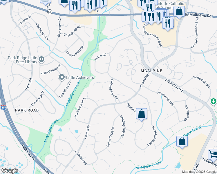 map of restaurants, bars, coffee shops, grocery stores, and more near 10836 Painted Tree Road in Charlotte