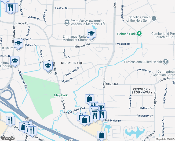 map of restaurants, bars, coffee shops, grocery stores, and more near 6530 Sulgrave Drive in Memphis