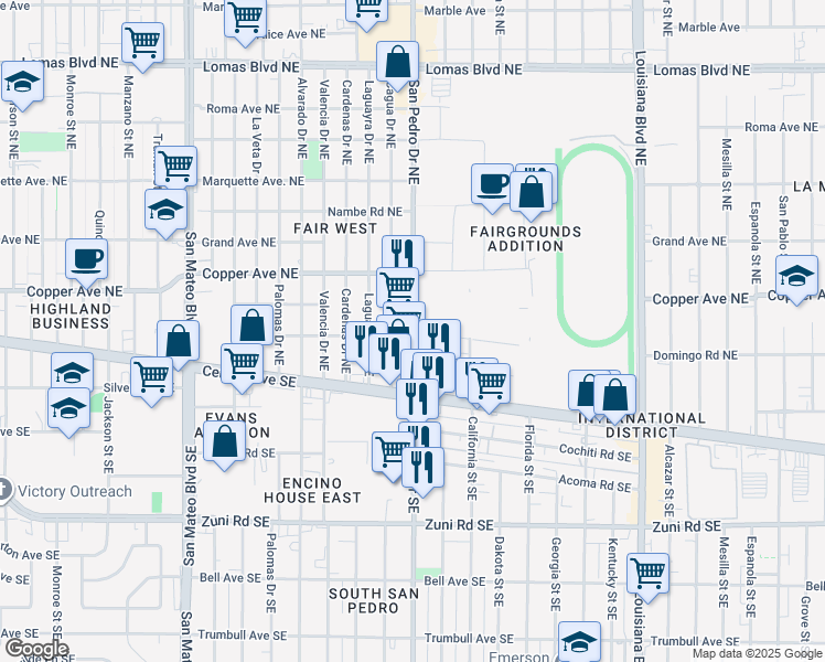 map of restaurants, bars, coffee shops, grocery stores, and more near 201 San Pedro Drive Northeast in Albuquerque