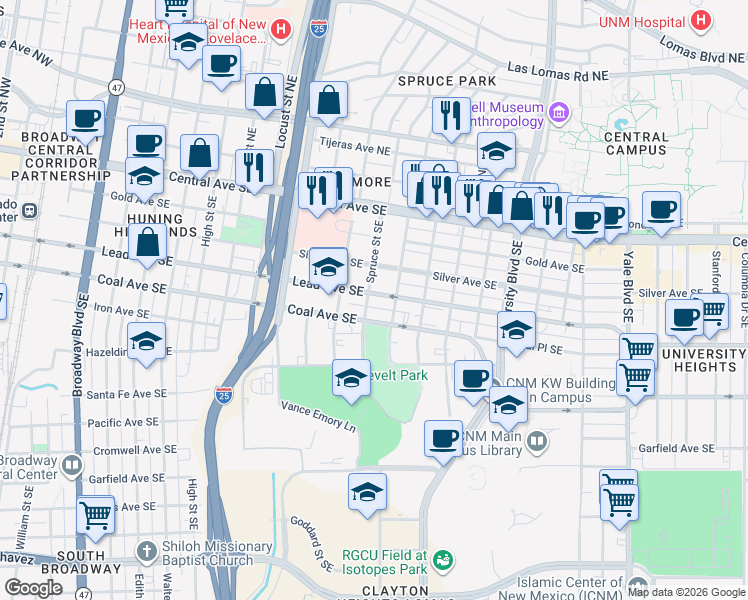 map of restaurants, bars, coffee shops, grocery stores, and more near 1300 Lead Avenue Southeast in Albuquerque