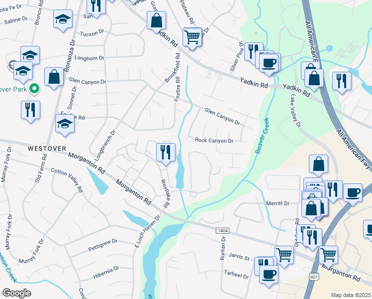map of restaurants, bars, coffee shops, grocery stores, and more near 241 Waterdown Drive in Fayetteville