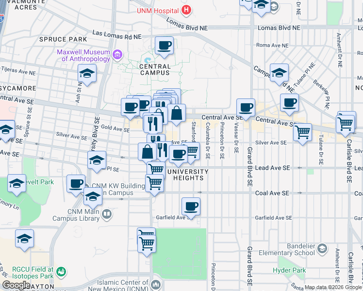 map of restaurants, bars, coffee shops, grocery stores, and more near 2312 Silver Avenue Southeast in Albuquerque