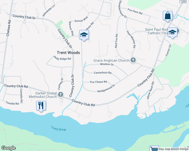 map of restaurants, bars, coffee shops, grocery stores, and more near 3523 Canterbury Rd in Trent Woods