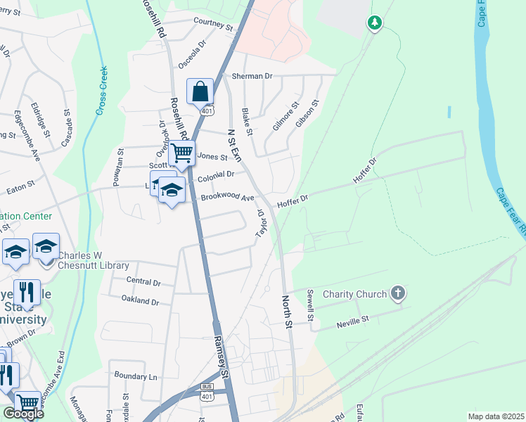 map of restaurants, bars, coffee shops, grocery stores, and more near 1344 Taylor Drive in Fayetteville