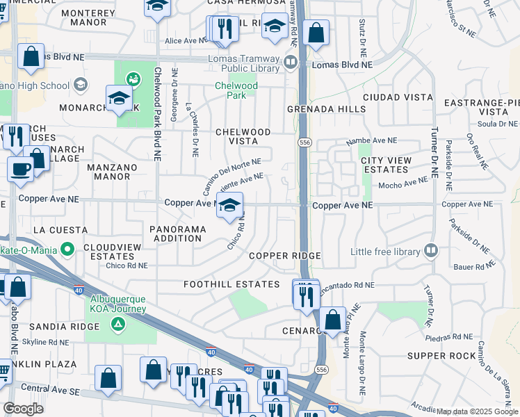 map of restaurants, bars, coffee shops, grocery stores, and more near 13420 Turquoise Avenue Northeast in Albuquerque