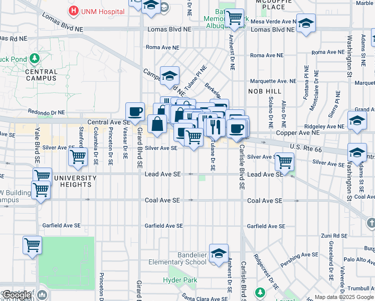 map of restaurants, bars, coffee shops, grocery stores, and more near 202 Bryn Mawr Drive Southeast in Albuquerque