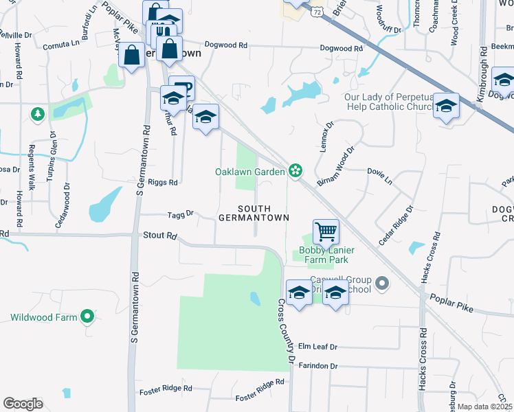 map of restaurants, bars, coffee shops, grocery stores, and more near Melanie Smith Lane in Germantown