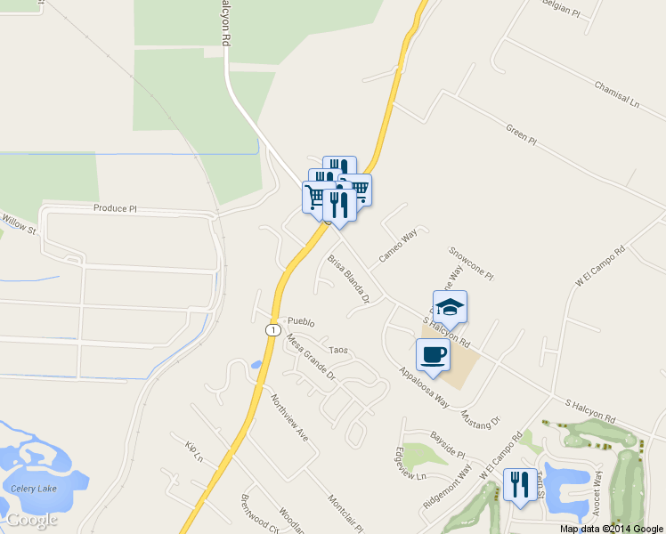 map of restaurants, bars, coffee shops, grocery stores, and more near 2781 Brisa Blanda Drive in Arroyo Grande
