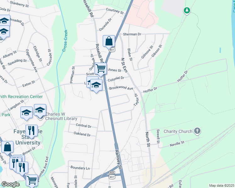 map of restaurants, bars, coffee shops, grocery stores, and more near 158 Kensington Circle in Fayetteville