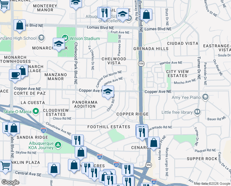 map of restaurants, bars, coffee shops, grocery stores, and more near 13420 Turquoise Avenue Northeast in Albuquerque