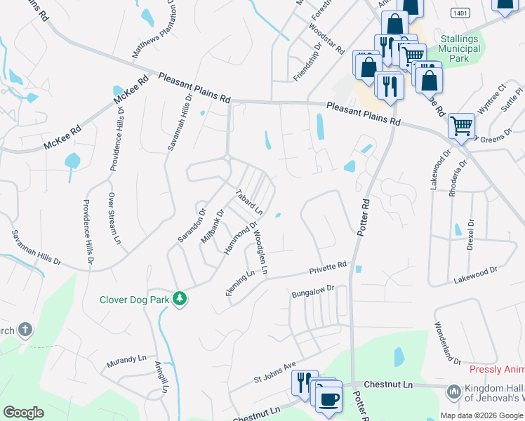 map of restaurants, bars, coffee shops, grocery stores, and more near 1150 Hammond Drive in Stallings