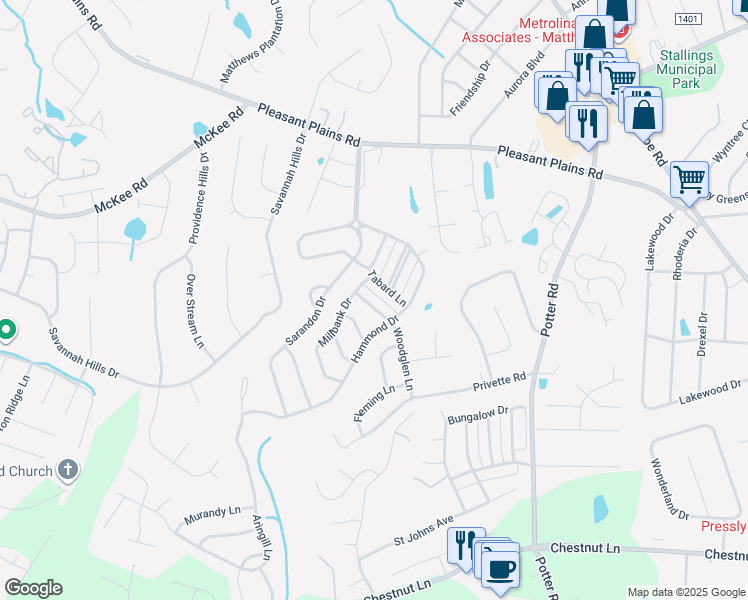 map of restaurants, bars, coffee shops, grocery stores, and more near 1029 Woodglen Lane in Stallings