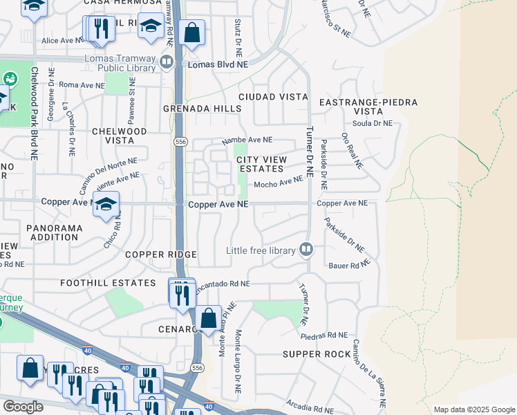 map of restaurants, bars, coffee shops, grocery stores, and more near 768 Jewel Place Northeast in Albuquerque