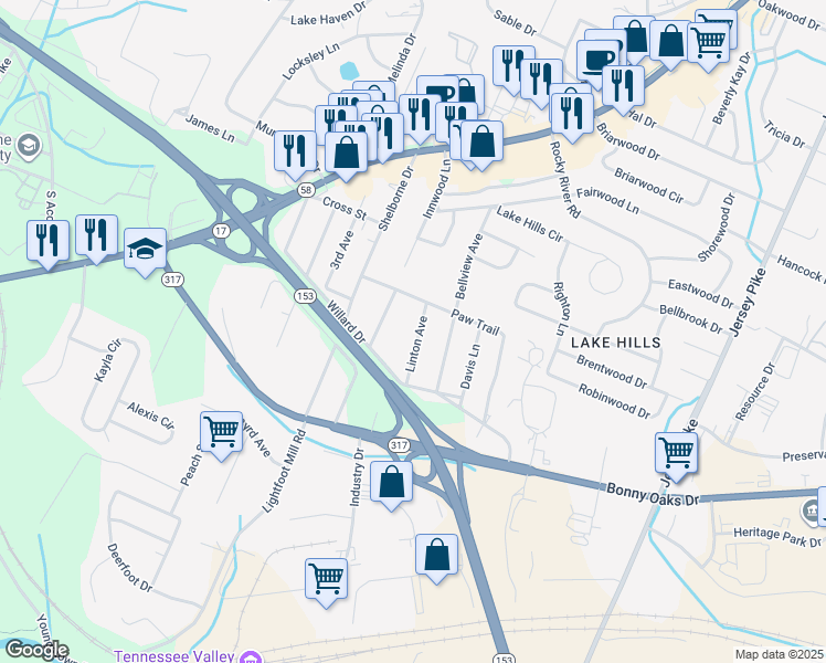map of restaurants, bars, coffee shops, grocery stores, and more near 4215 Linton Avenue in Chattanooga