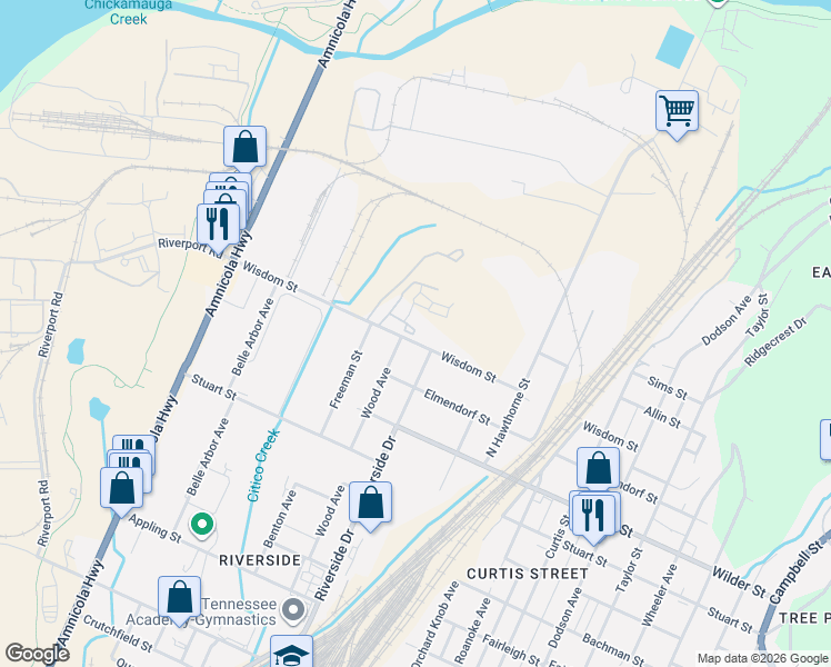 map of restaurants, bars, coffee shops, grocery stores, and more near 1403 Wisdom Street in Chattanooga